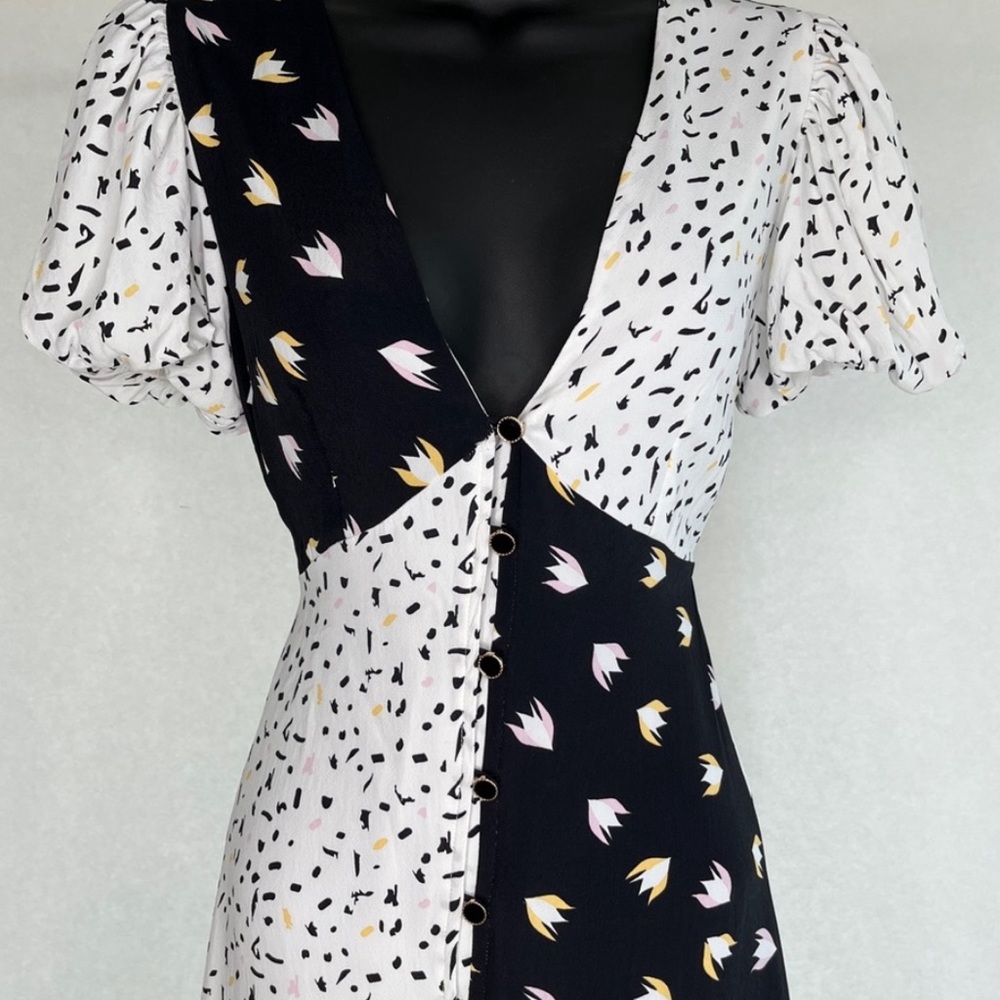 Rahi SZ S Black/White Confetti Patchwork Puff Sleeve Maxi Dress - Picture 3 of 10